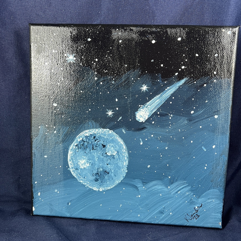 "The Comet" Acrylic Painting by Kat Sanders 8x8 Celestial Decor Textured Space